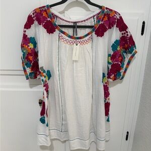Anthropologie White Blouse with Multicolor Floral Embroidery